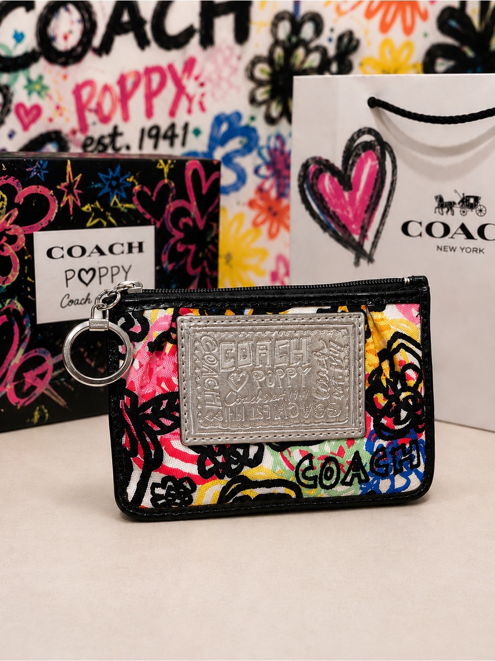 Coach Poppy Graffiti Floral Zip Card Case Coin Purse Key Ring Multicolor NWOT